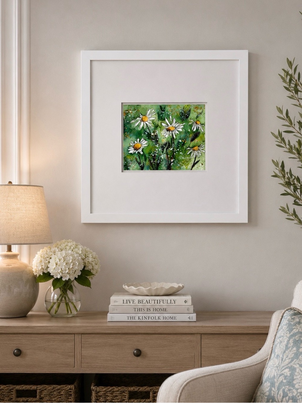 Original Framed Floral Watercolor Art - White Frame 20x20”